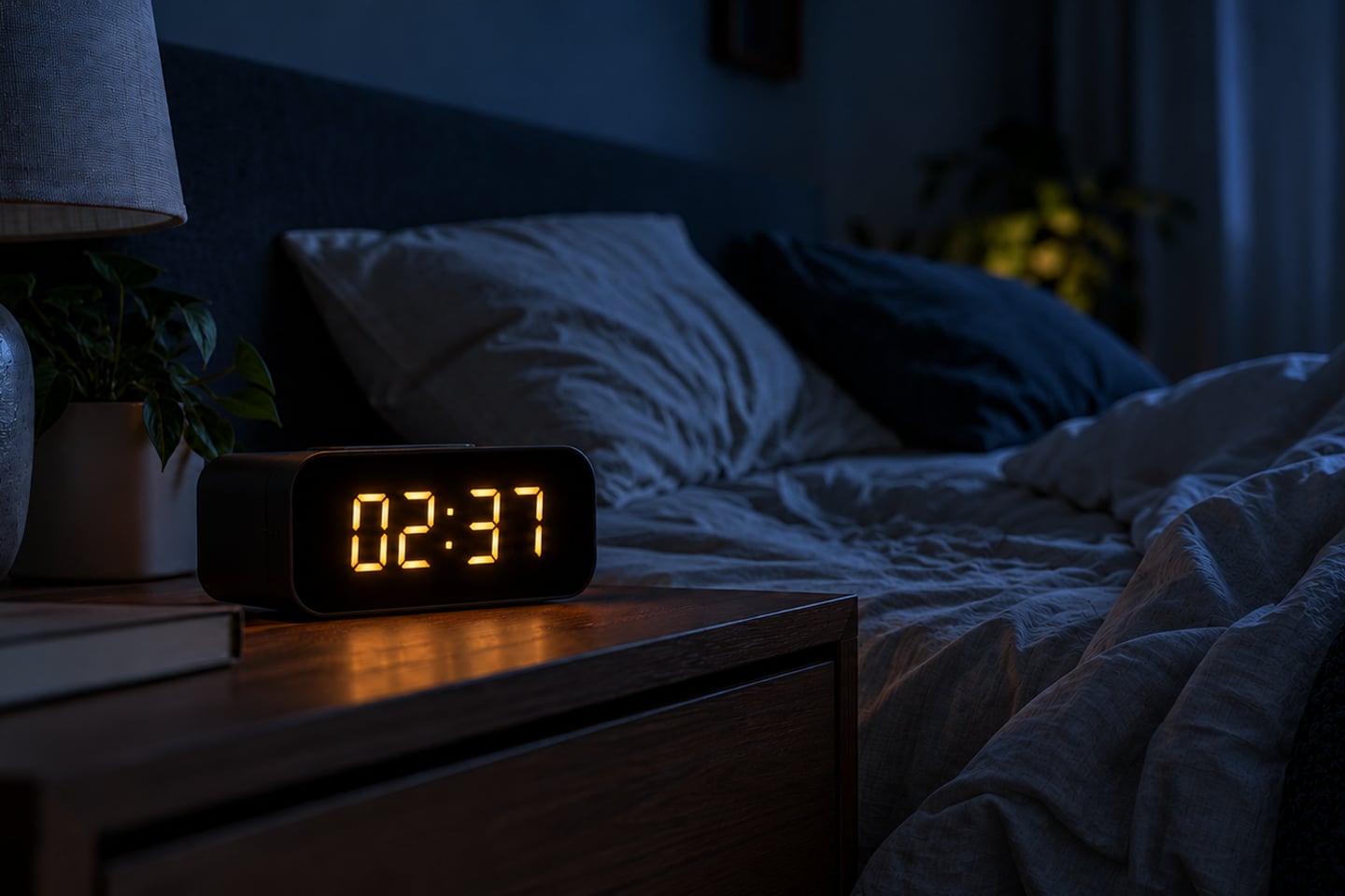 Reloj digital marcando las 02:37 junto a una cama abierta durante la noche.